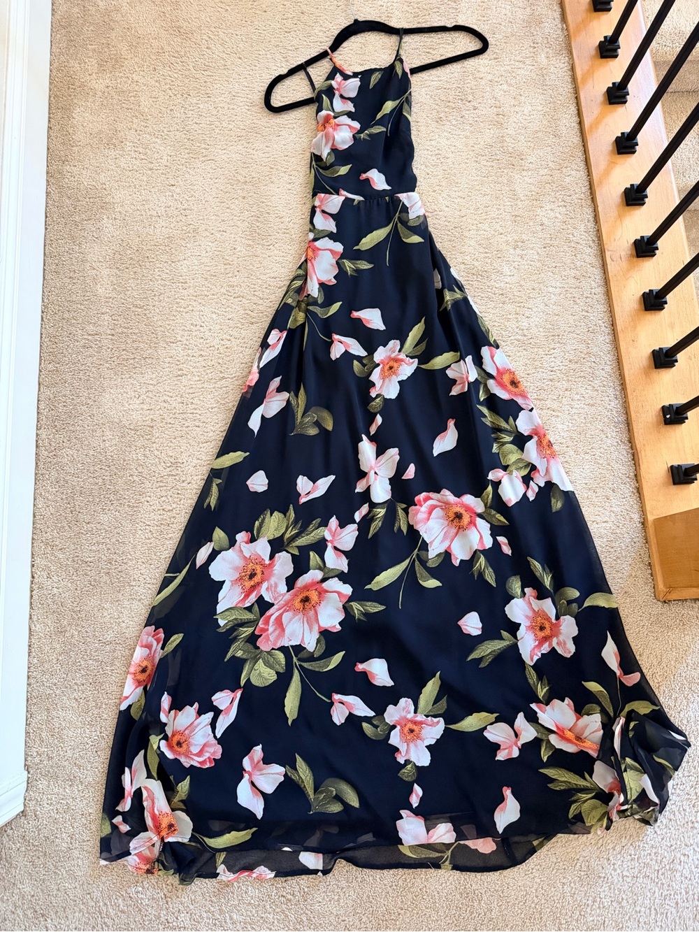 Lulu's Black Floral Halter Maxi with Pink Blooms and Green Leaves